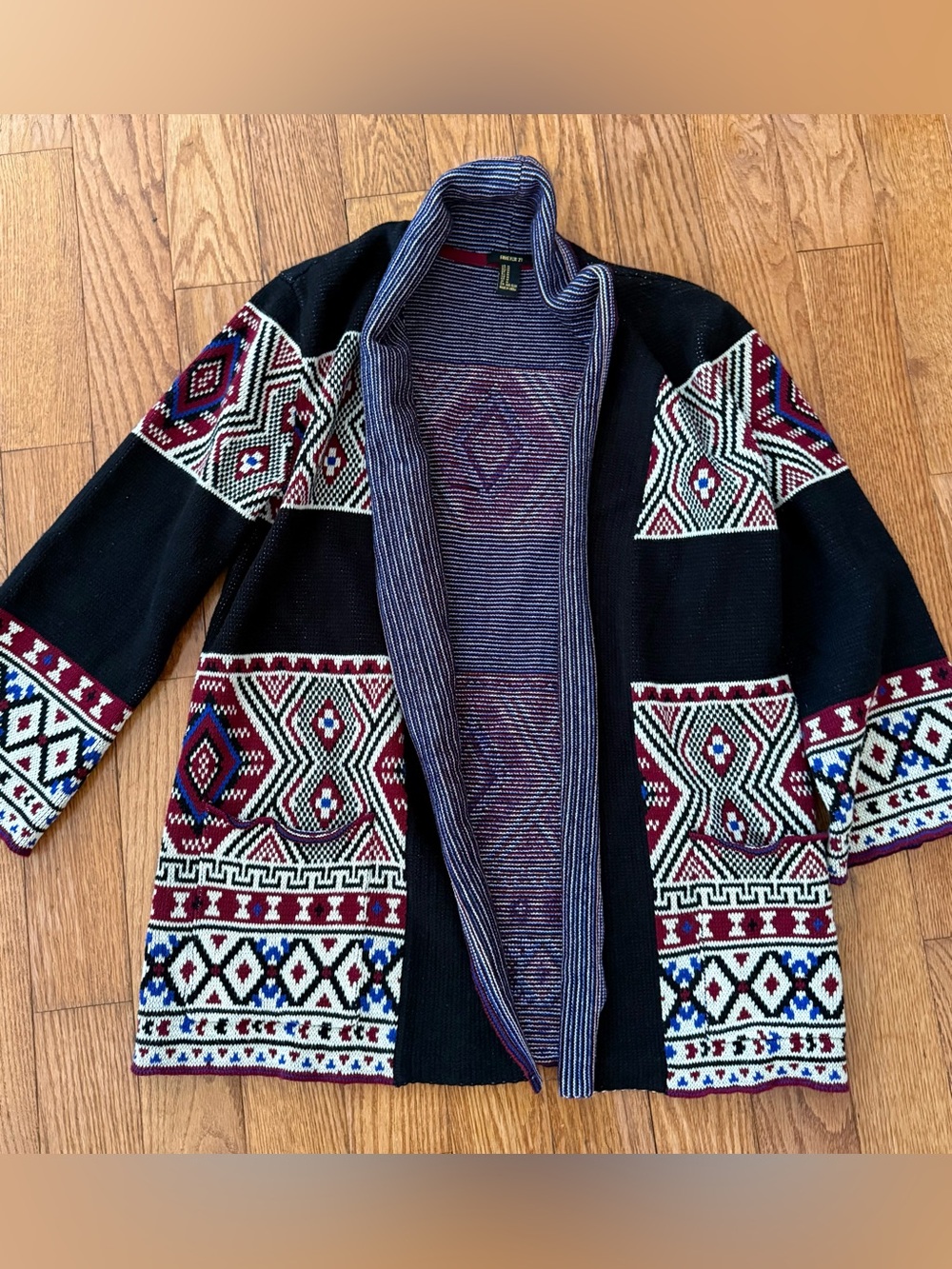 Black Open-Front Medium Southwestern Aztec Cardigan w/Pockets Cotton Blend